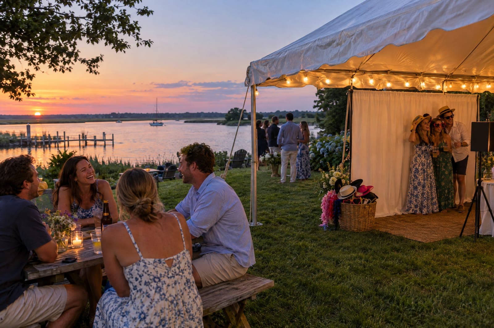 Example scene: a backyard birthday under a white tent by the water, with a photo booth corner
